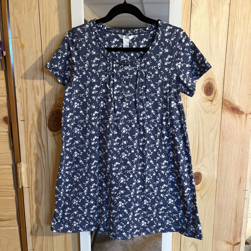 Adonna Sleepwear Blue White Floral Nightgown 100% Cotton